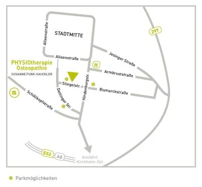 Anfahrtsskizze: Lage der Praxis in der Stiegelstraße, mit Parkmöglichkeiten